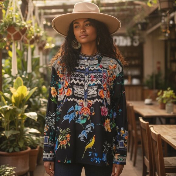 JOHNNY WAS BIYA ANTHRO Veda Embroidered Silk Blouse S M L Shirt Peasant Top - Picture 1 of 16